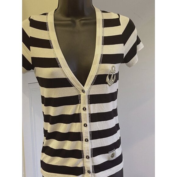 IICELL womens top button down stripe small short sleeve - Picture 3 of 9